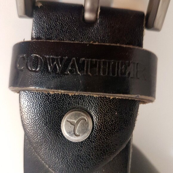 Vintage COWETHER Leather Belt Rare Buckle Black Men 32" - Picture 2 of 12